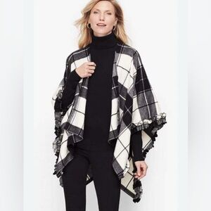Talbots Black White Plaid Ruana Shawl Wrap M /L NWT